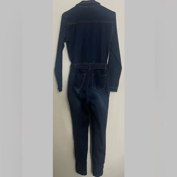 NWOT - Dark Stretch Belted Denim Jumpsuit - Small - Picture 2 of 6